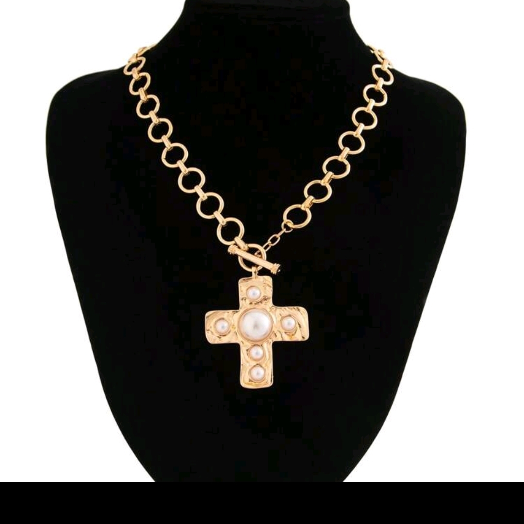Elegant Gold Pearl Cross Pendant Necklace 26$